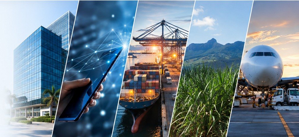 Five panels showing Mauritius&rsquo; economy: a modern office tower, digital connectivity, container operations at Port Louis, sugar cane below the mountains, and an aircraft on the apron