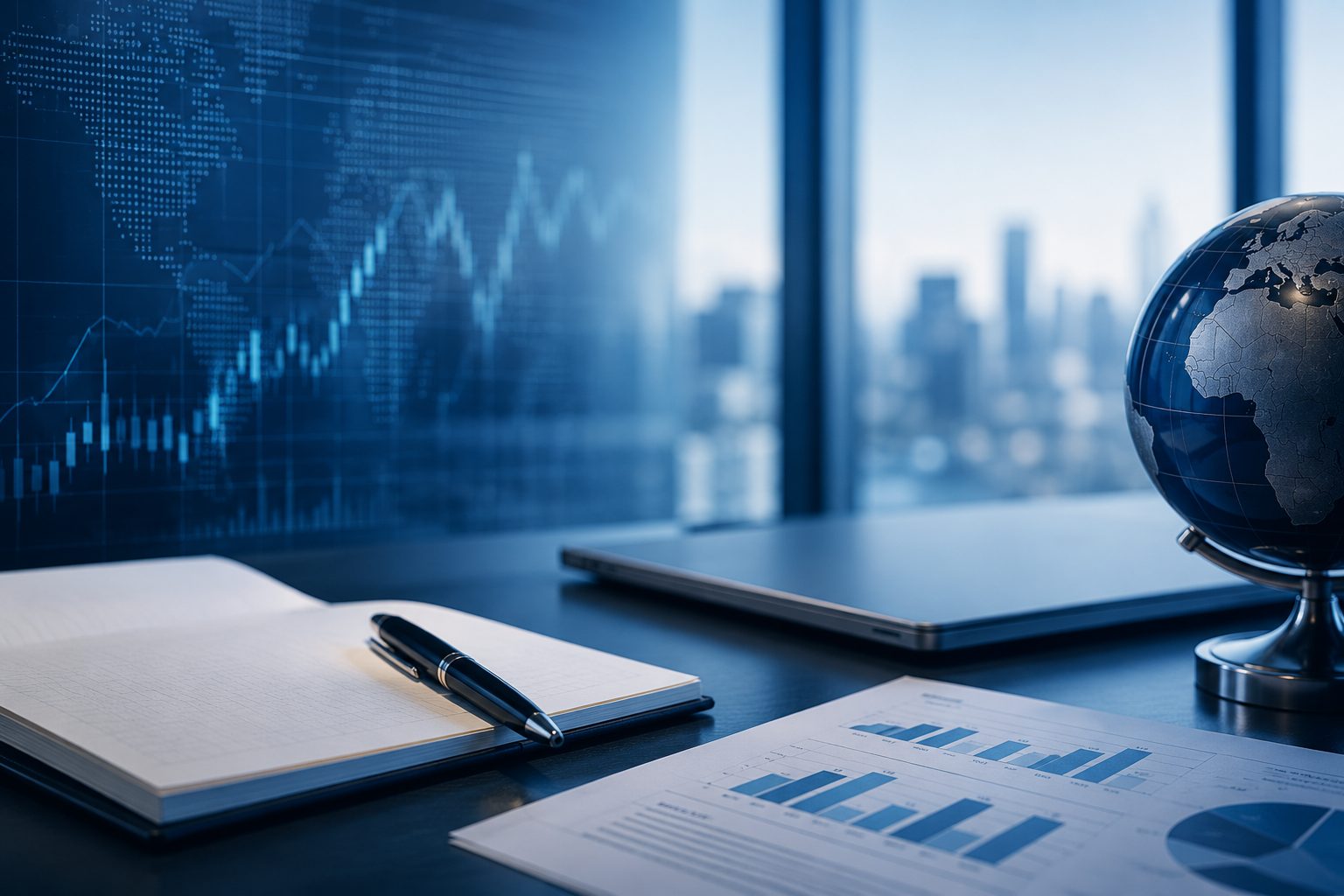 A desk with printed financial charts, a notebook and pen, a laptop and a globe, overlooking a city skyline