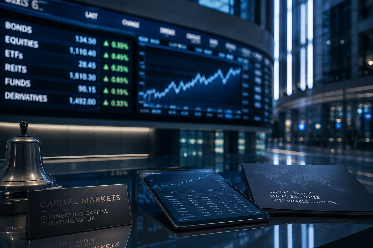 A trading board listing bonds, equities, ETFs, REITs, funds and derivatives beside a rising price chart