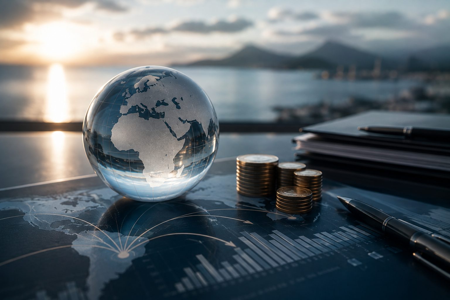 A glass globe resting on a financial chart beside stacked coins, at sunrise