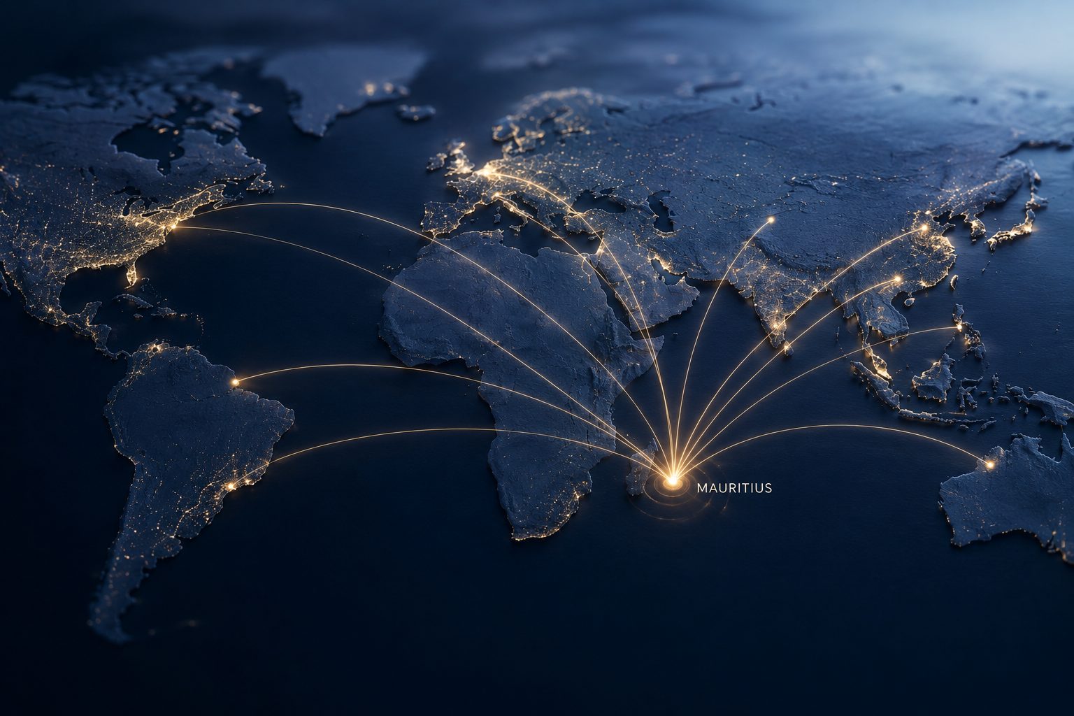 A world map with connection lines radiating from Mauritius to markets across Africa, Asia and beyond