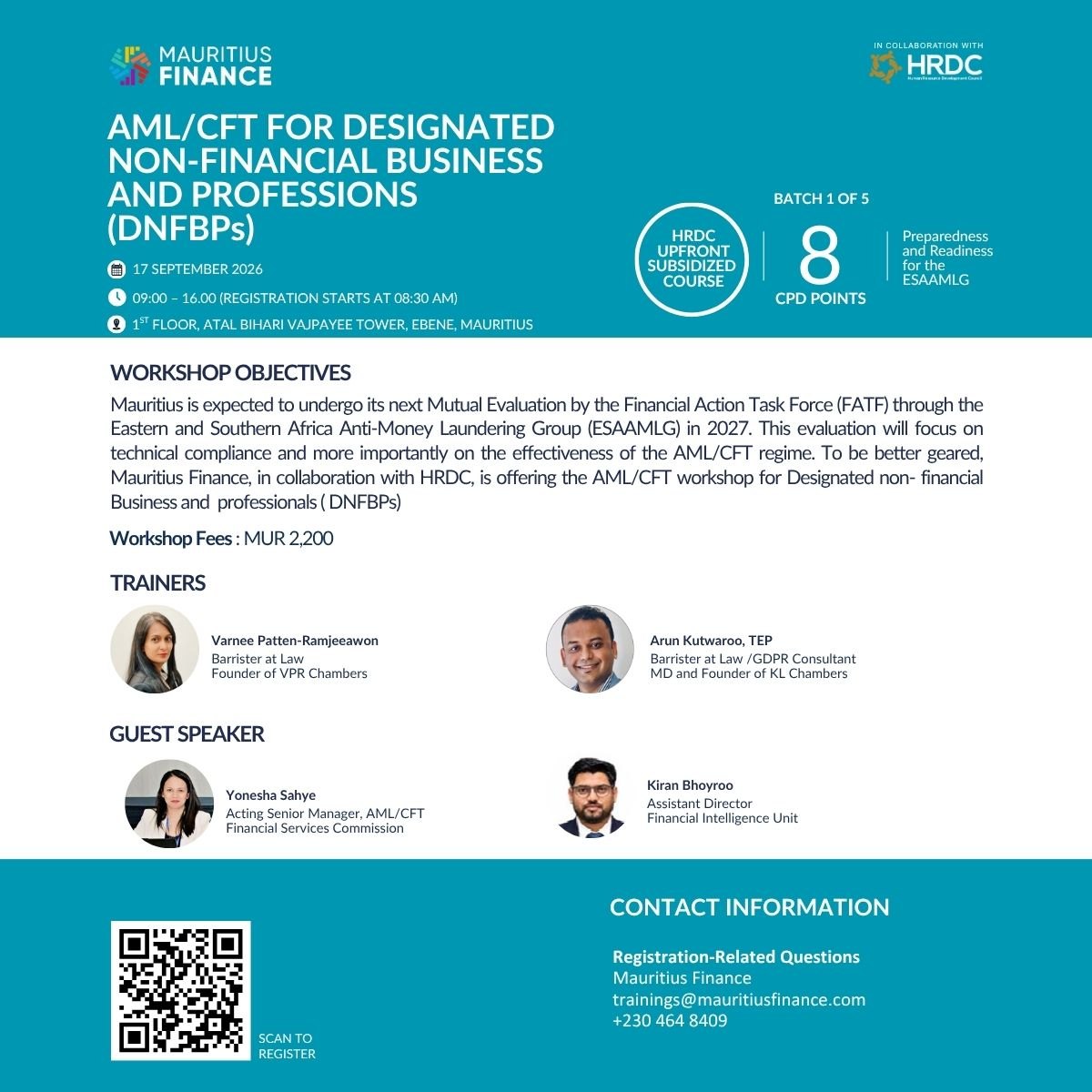 Poster for the Mauritius Finance workshop: AML/CFT for Designated Non-Financial Businesses and Professions, 17 September 2026
