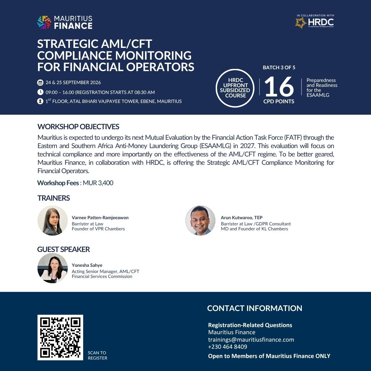 Poster for the Mauritius Finance workshop: Strategic AML/CFT Compliance Monitoring for Financial Operators, 24 and 25 September 2026