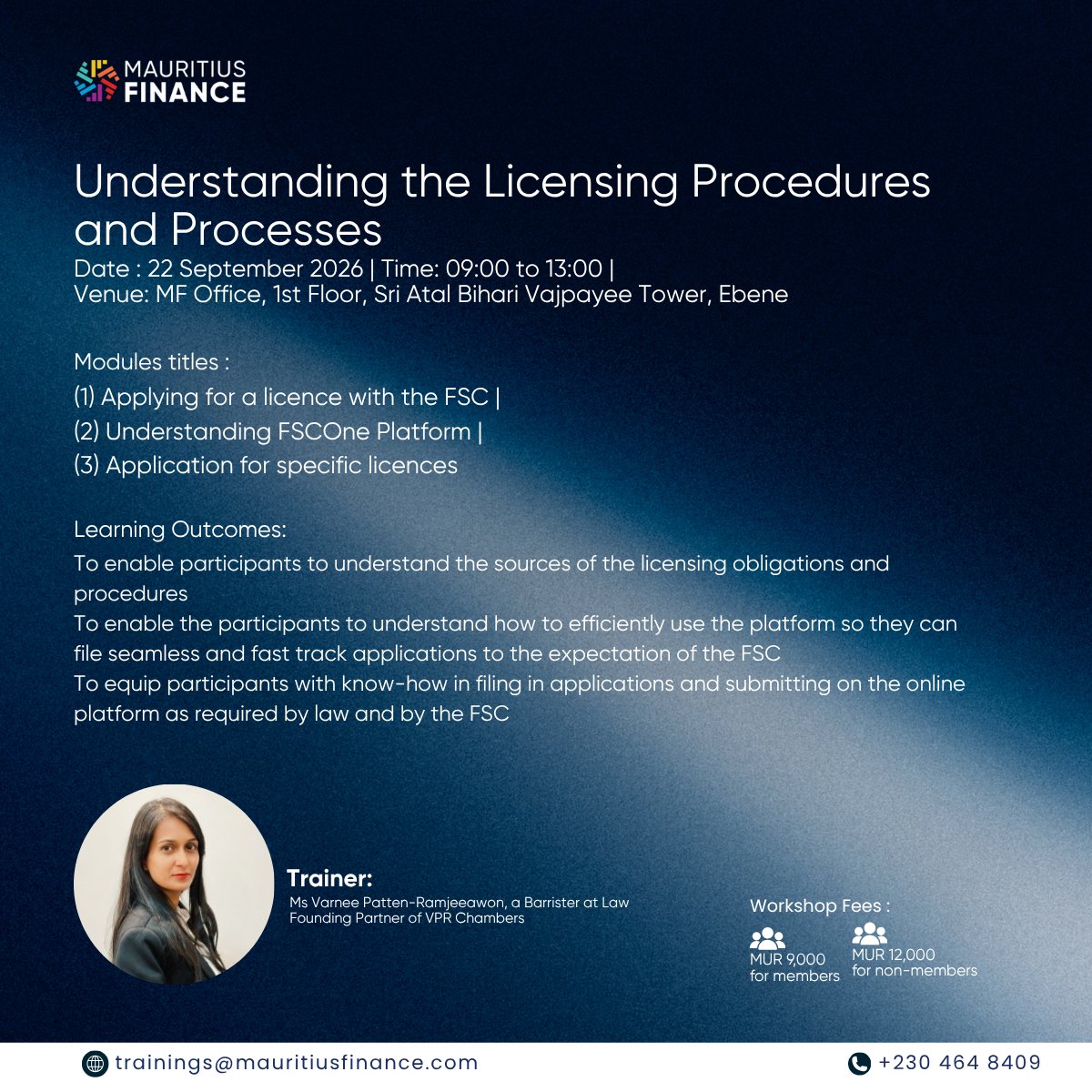Poster for the Mauritius Finance training: Understanding the Licensing Procedures and Processes, 22 September 2026