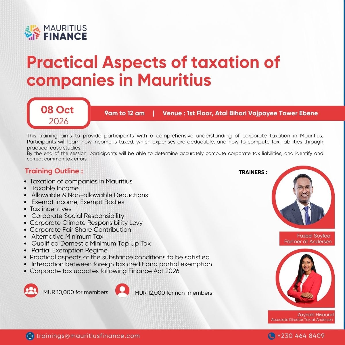 Poster for the Mauritius Finance training: Practical Aspects of Taxation of Companies in Mauritius, 8 October 2026